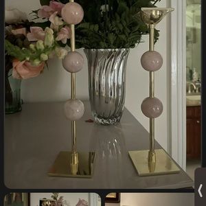 Ilymnia Candlestick Brass And Rose Quarts Set Of Two